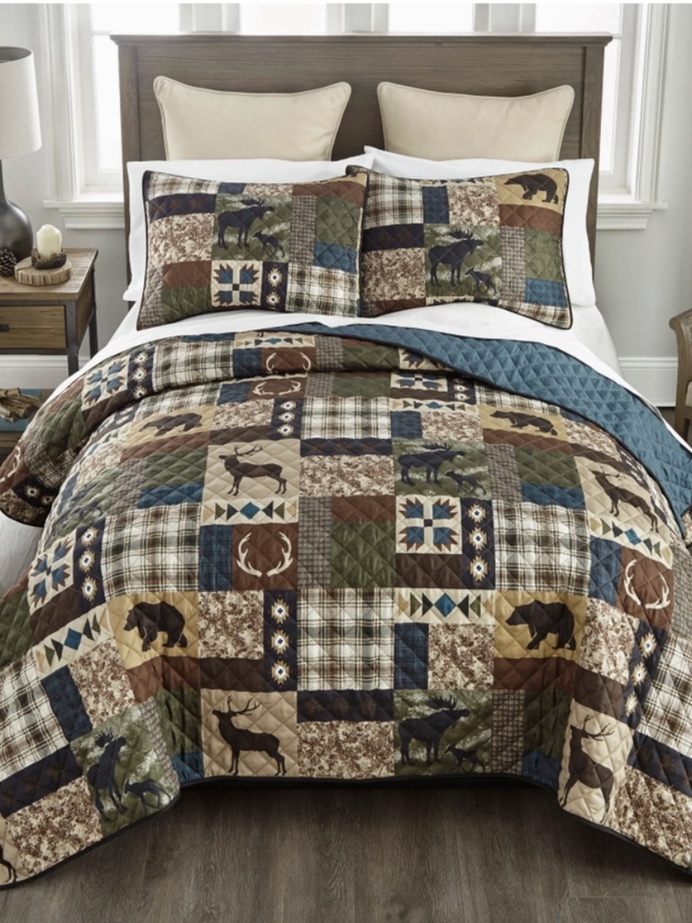 Rustic Bear Lodge Printed Patchwork King Quilt Set Rustic Cabin